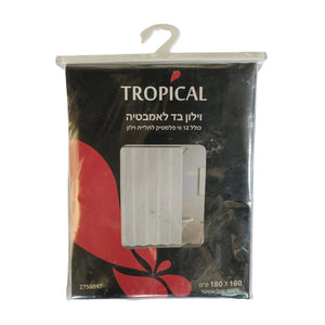 Printed, 180*180, waterproof, 90g per square meter, with metal eyelets (no weights), comes with 12 white C-hooks.